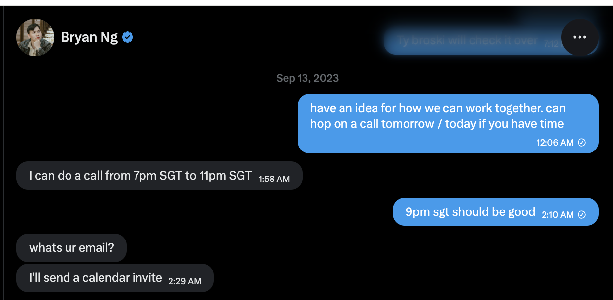 Jake reaching out to Bryan in Twitter DMs — September 2023
