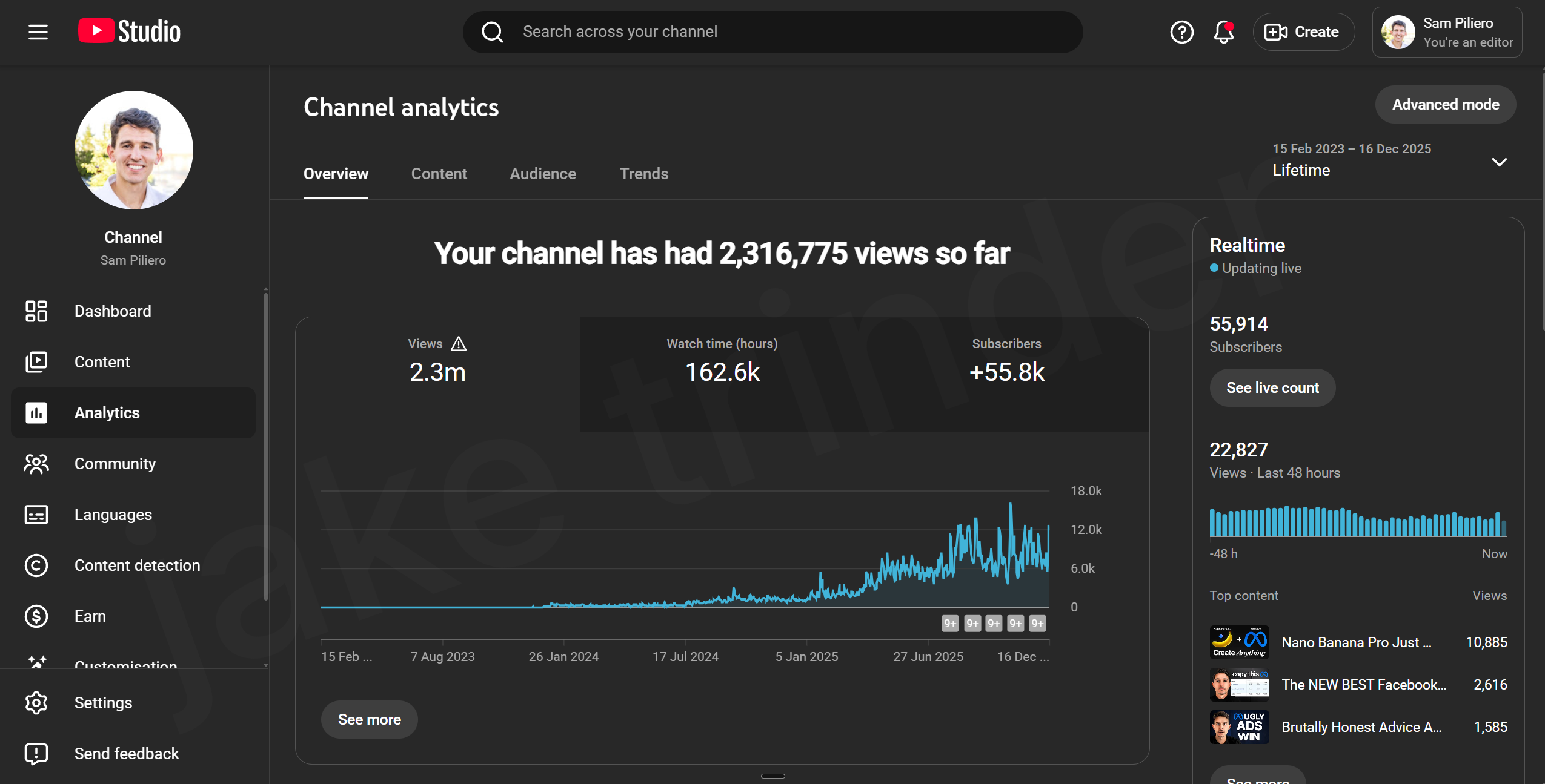 Sam Piliero — 2.3M views, 55.8k subscribers