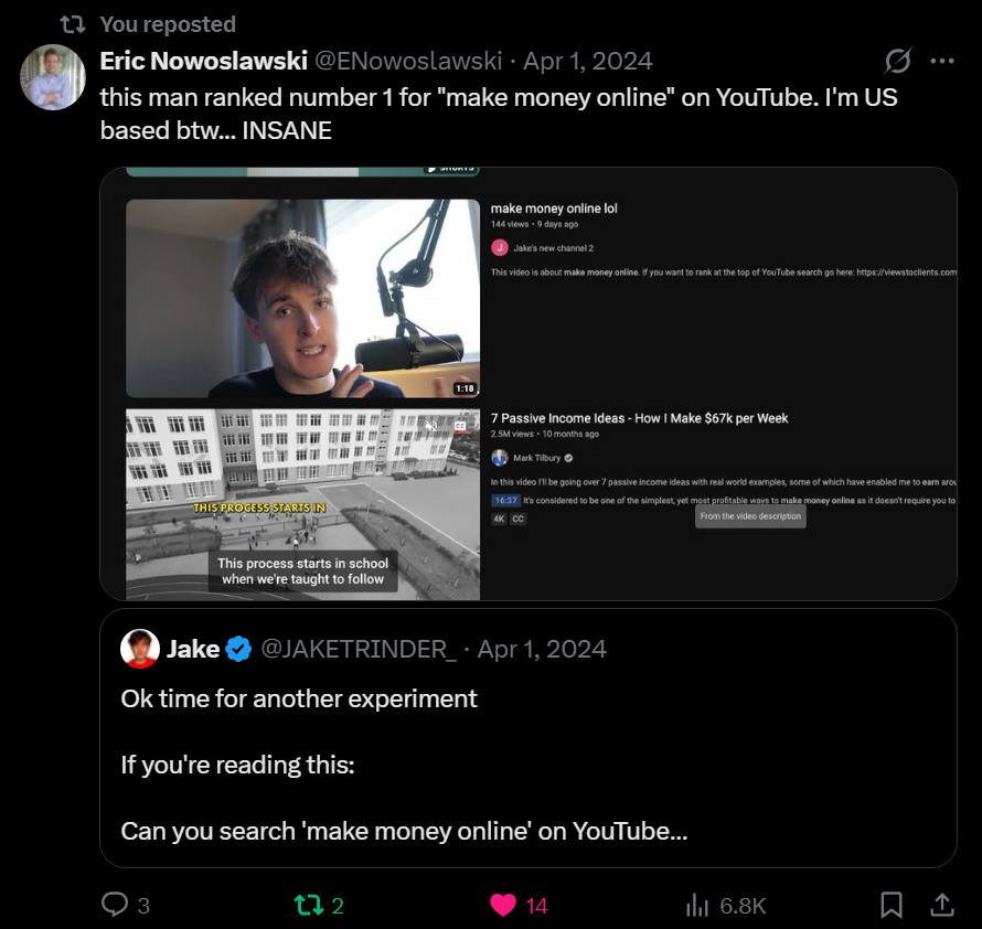 Ranked #1 for Make Money Online — Twitter proof from Eric Nowoslawski