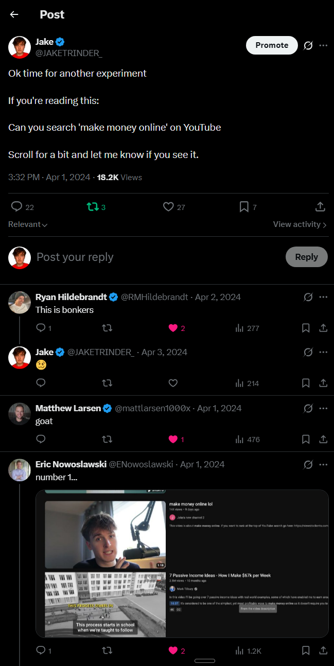 Jake's tweet asking people to search Make Money Online — 18.2k views